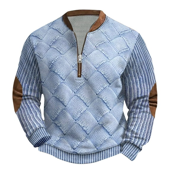 ZCFZJW Big and Tall Regular Fit Henley Tops for Men Casual Long Sleeve Twist Cable Knit Half Zipper V Neck Sweater Shirts Trendy Comfy Baggy Sweatshirts with Elbow Patch Blue L
