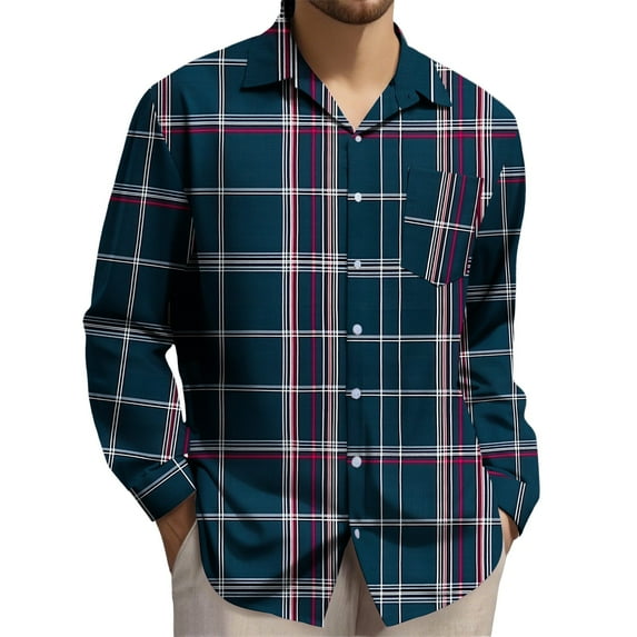 ZCFZJW Big and Tall Regular Fit Men's Plaid Shirts Lightweight Casual Button Down Long Sleeve Collared T-Shirt Western Business Work Tees Shirt Tops with Pockets Multicolor#08 XL