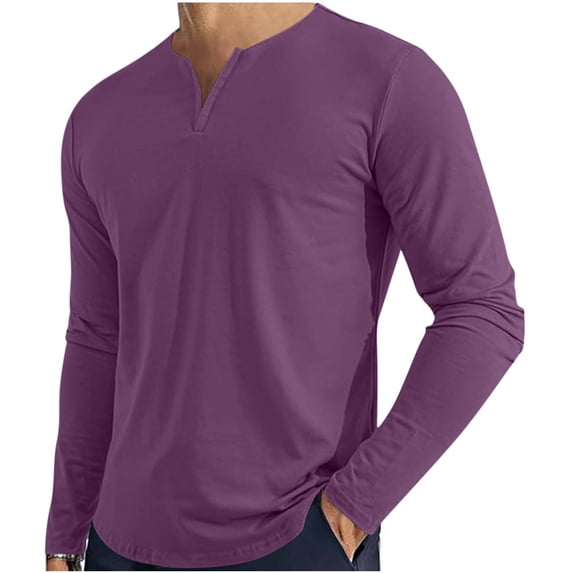 ZCFZJW Big and Tall Shirts for Men V Neck Cotton Long Sleeve Workout Tees Lightweight Casual Loose Tops Oversized Basic Solid Color Athletic T Shirts Purple L