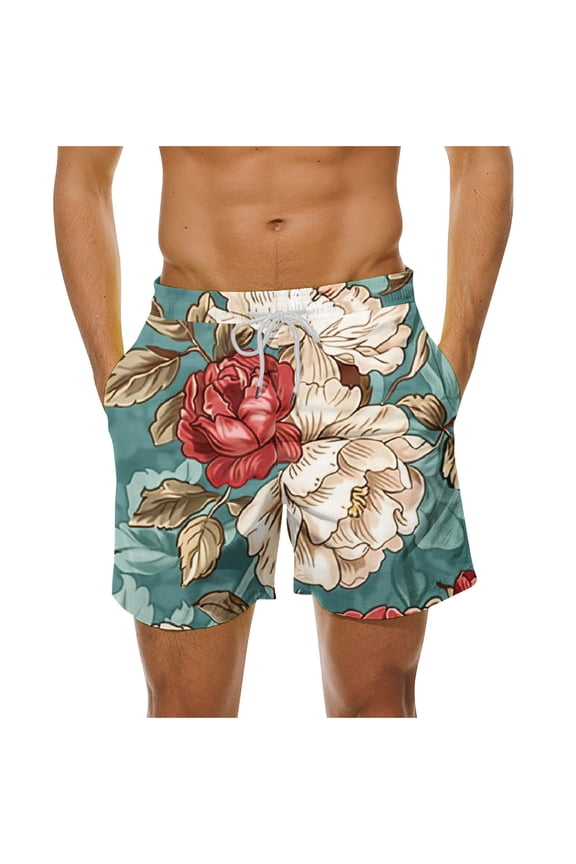 Big and Tall Swim Trunks for Men Lightweight Casual Drawstring Floral Pattern Print Summer Beach Hawaiian Shorts Regular Fit Soft Comfortable Short Pants with Pockets Multicolor#01 XXXL