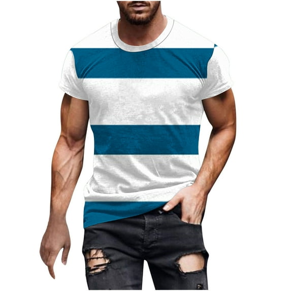 ZCFZJW Big and Tall Regular Fit Workout T-Shirts for Men Trendy Summer Short Sleeve Striped Color Block Print Crew Neck Basic Tees Shirt Tops Blue L