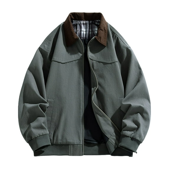 ZCFZJW Bomber Jackets for Men Big and Tall Regular Fit Casual Retro Plaid Patchwork Long Sleeve Full Zip up Outdoor Work Jacket with Pockets Dark Gray M
