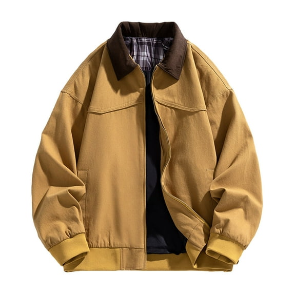 ZCFZJW Bomber Jackets for Men Big and Tall Regular Fit Casual Retro Plaid Patchwork Long Sleeve Full Zip up Outdoor Work Jacket with Pockets Khaki S