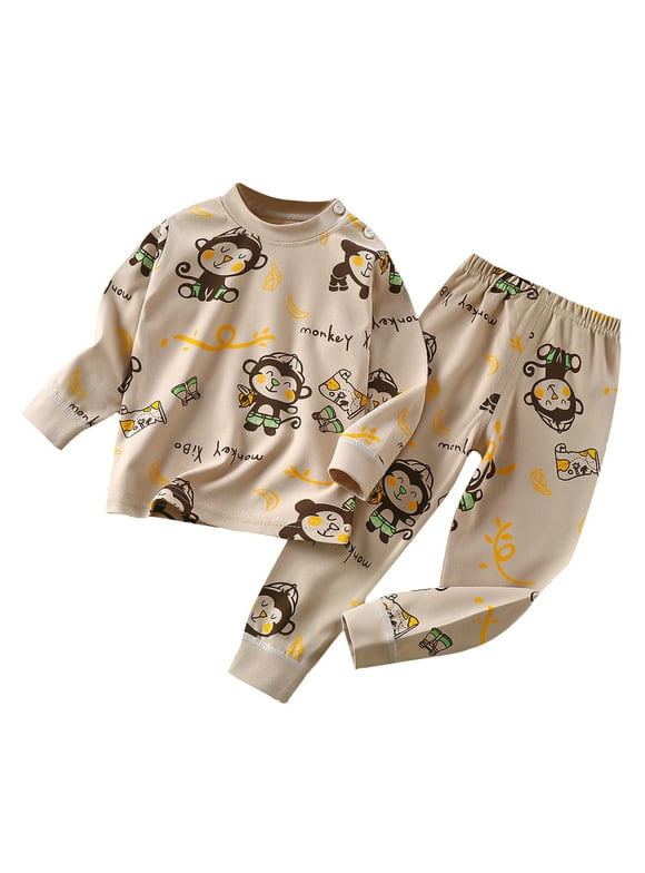 ZCFZJW Boys Pajamas 100% Cotton Cartoon Pjs Toddler 2 Piece Sleepwear Long Sleeve T-Shirt Tops and Pants Cute Kids Winter Homewear Clothes Set Khaki 4 Years