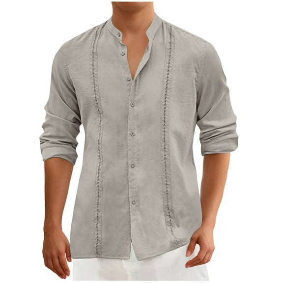 ZCFZJW Button Down Linen Shirts for Men Casual Solid Color Big and Tall Long Sleeve Regular Fit Cotton Beach Vacation T Shirt Tops Gray L