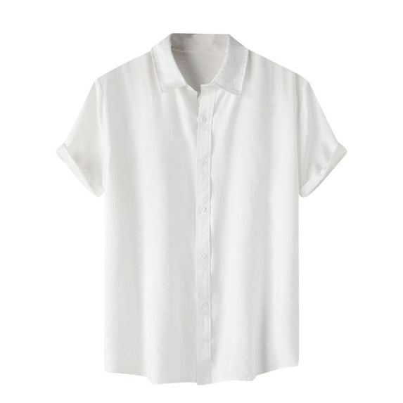 ZCFZJW Button Down Shirts for Men Casual Summer Short Sleeve Lapel Collar Solid Color T-Shirts Trendy Holiday Vacation Beach Hawaiian Tops White L