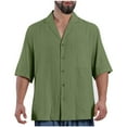 thumbnail image 1 of ZCFZJW Button Down Half Sleeve Linen Shirts for Men Big and Tall Regular Fit Casual Solid Color Soft Cotton Spread Collar Beach Vacation Tees Shirt Green S, 1 of 5