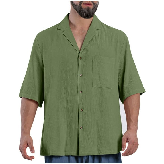 ZCFZJW Button Down Half Sleeve Linen Shirts for Men Big and Tall Regular Fit Casual Solid Color Soft Cotton Spread Collar Beach Vacation Tees Shirt Green S