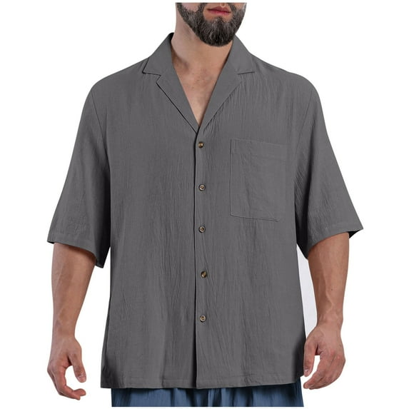 ZCFZJW Button Down Half Sleeve Linen Shirts for Men Big and Tall Regular Fit Casual Solid Color Soft Cotton Spread Collar Beach Vacation Tees Shirt Dark Gray M