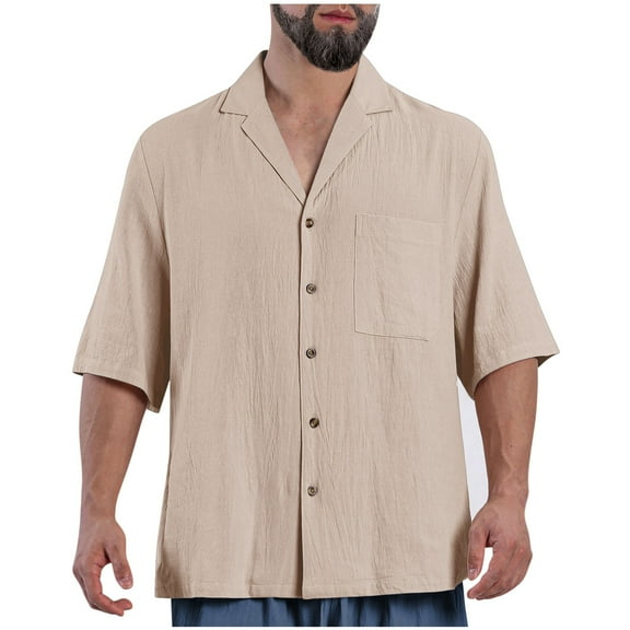 ZCFZJW Button Down Half Sleeve Linen Shirts for Men Big and Tall Regular Fit Casual Solid Color Soft Cotton Spread Collar Beach Vacation Tees Shirt Khaki XL