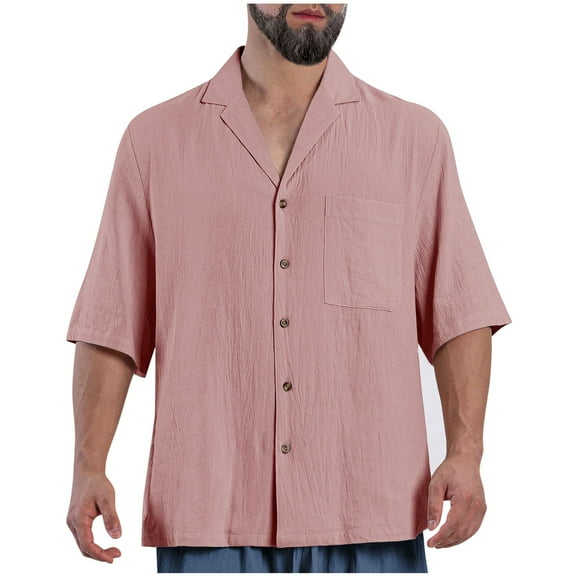 ZCFZJW Button Down Half Sleeve Linen Shirts for Men Big and Tall Regular Fit Casual Solid Color Soft Cotton Spread Collar Beach Vacation Tees Shirt Red XL