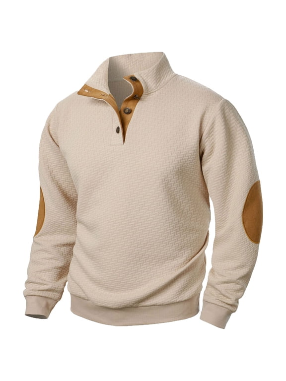 Button up Hooded Sweatshirts for Men Lightweight Casual Elbow Patch Long Sleeve Stand Collar Pullover Sweater Tops Trendy Comfy Outwear Jacket with Pockets Khaki L