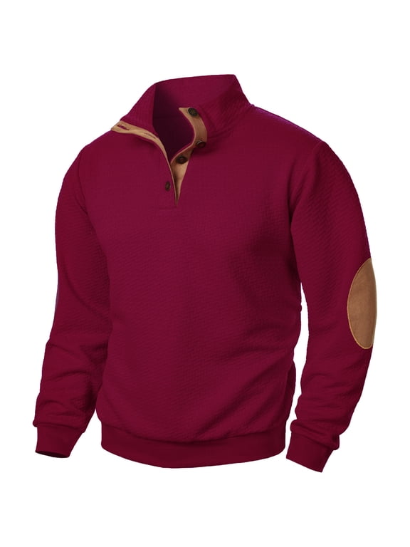 Button up Hooded Sweatshirts for Men Lightweight Casual Elbow Patch Long Sleeve Stand Collar Pullover Sweater Tops Trendy Comfy Outwear Jacket with Pockets Wine S