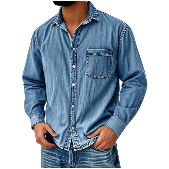 ZCFZJW Button Down Shirts for Men Cotton Vintage Casual Long Sleeve Athletic Workout T-Shirt Plain Distressed Denim Fashion Party Loose Lapel Collared Tees Tops Light Blue L