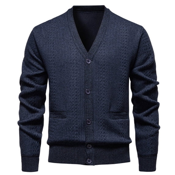 ZCFZJW Button V Neck Sweaters for Men Lightweight Casual Sherpa Fleece Lined Fall Long Sleeve Cable Knit Open Front Cardigan Tops Loose Cozy Outwear Jacket with Pockets Blue XL