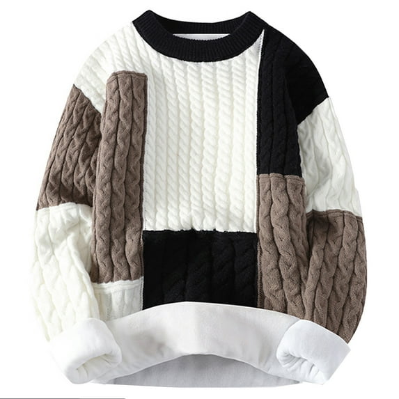 ZCFZJW Cable Knit Sweater Women Vintage Chunky Color Block Printed Long Sleeve Sweater Men Woven Crewneck Knitted Pullover Jumper Tops Black XL