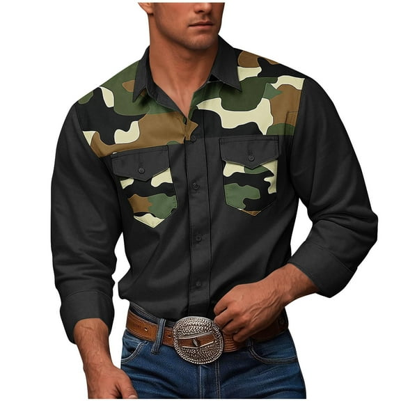 ZCFZJW Camo Western Cowboy Shirts for Men Casual Fall Long Sleeve Button Down Patchwork Stretch T-Shirts Loose Lightweight Collared Work Tops with Pockets Black#01 XXL