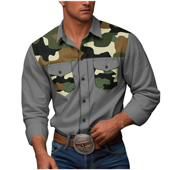 ZCFZJW Camo Western Cowboy Shirts for Men Casual Fall Long Sleeve Button Down Patchwork Stretch T-Shirts Loose Lightweight Collared Work Tops with Pockets Gray#01 M