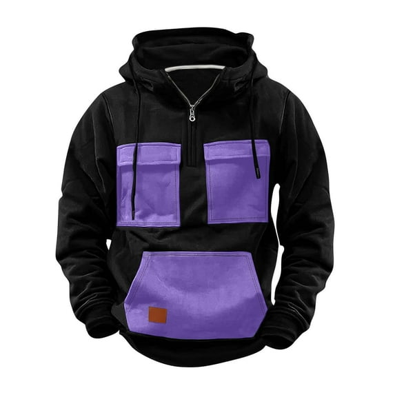 ZCFZJW Cargo Hoodie Jackets for Men Big and Tall Regular Fit Casual 1/4 Zip up Color Block Long Sleeve Hooded Pullover Sweatshirts Trendy Athletic Workout Outwear Coat with Mulit-Pockets Purple M