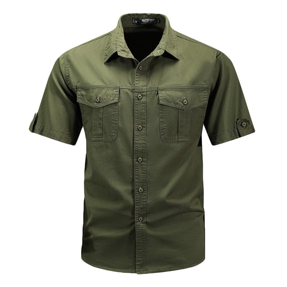 ZCFZJW Cargo Shirts for Men Big and Tall Regular Fit Casual Summer Roll-up Short Sleeve Button up Solid Color Lapel Collar T-Shirts Tops Army Green XXL