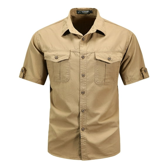 ZCFZJW Cargo Shirts for Men Big and Tall Regular Fit Casual Summer Roll-up Short Sleeve Button up Solid Color Lapel Collar T-Shirts Tops Beige XXXL
