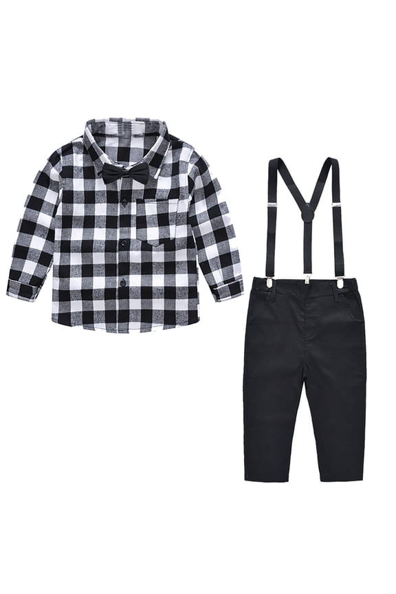 Casual Suit for Toddler Kids Baby Boy 2Pcs Long Sleeve Gentleman British Style Plaid Button Down Flannel Shirt and Suspender Overalls Outfits Set(White#02,5-6Years)