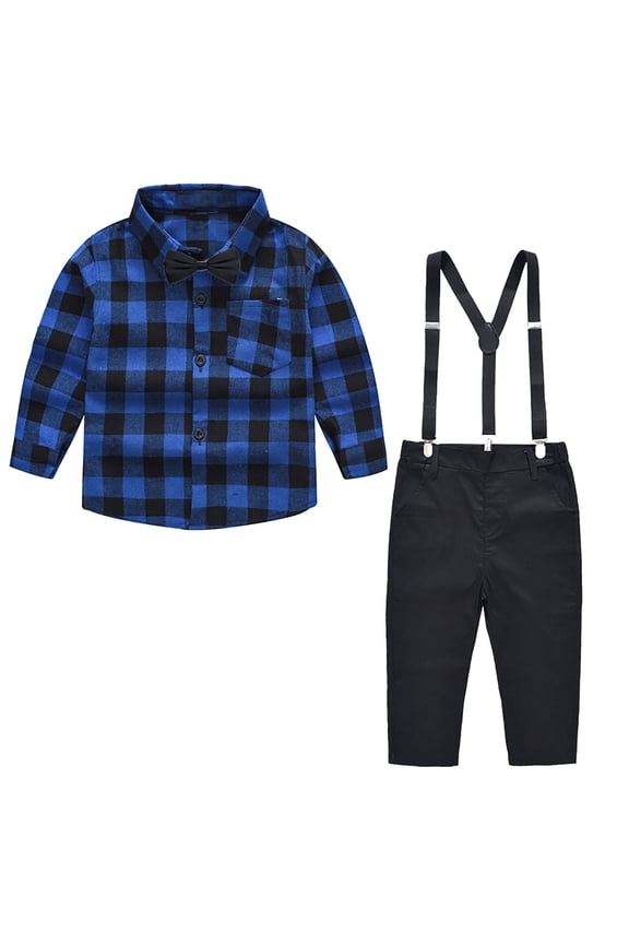 Casual Suit for Toddler Kids Baby Boy 2Pcs Long Sleeve Gentleman British Style Plaid Button Down Flannel Shirt and Suspender Overalls Outfits Set(Blue#02,2-3Years)