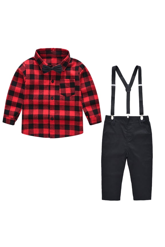 Casual Suit for Toddler Kids Baby Boy 2Pcs Long Sleeve Gentleman British Style Plaid Button Down Flannel Shirt and Suspender Overalls Outfits Set(Red#02,4-5Years)