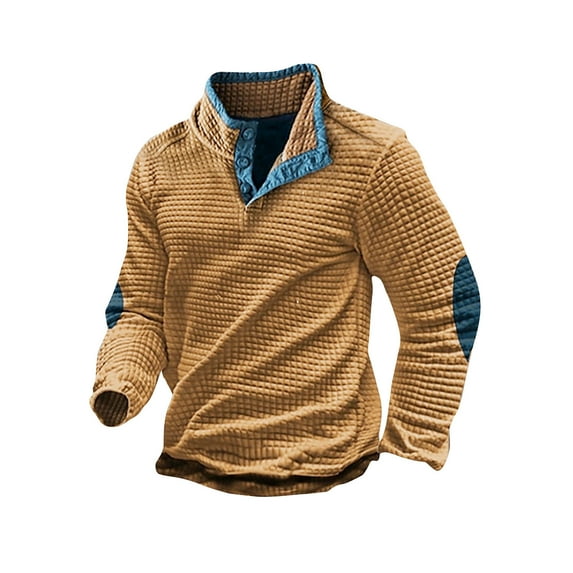ZCFZJW Casual Waffle Knit Pullover Sweater Tops for Men Big and Tall Regular Fit Solid Color Button up Long Sleeve Stand Collar Workout Sweatshirts Yellow XL