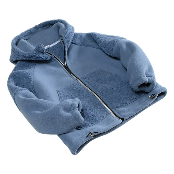 ZCFZJW Children Sherpa Fleece Lined Hooded Coats Long Sleeve Full Zip Up Warm Jackets Solid Color Thick Plush Cotton Windproof Outwear(Blue,7-8 Years)