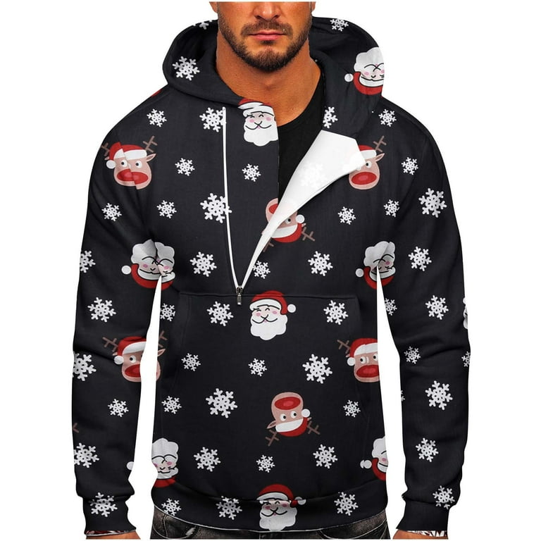 ZCFZJW Christmas Men Hoodies Tops Regular Fit Big Tall Hooded Pullover  Sweatshirts Long Sleeve Half Zipper Cute Santas Snowman Graphic Top with