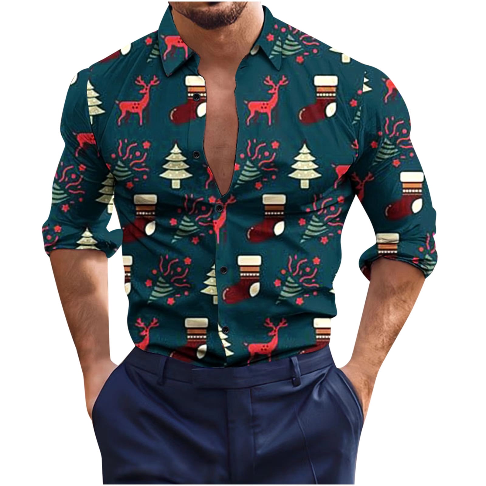 ZCFZJW Christmas Mens T Shirts Funny Holiday Print Long Sleeve Button Down  Novelty Shirt Casual Regular Fit Leisure T-Shirt Blue M