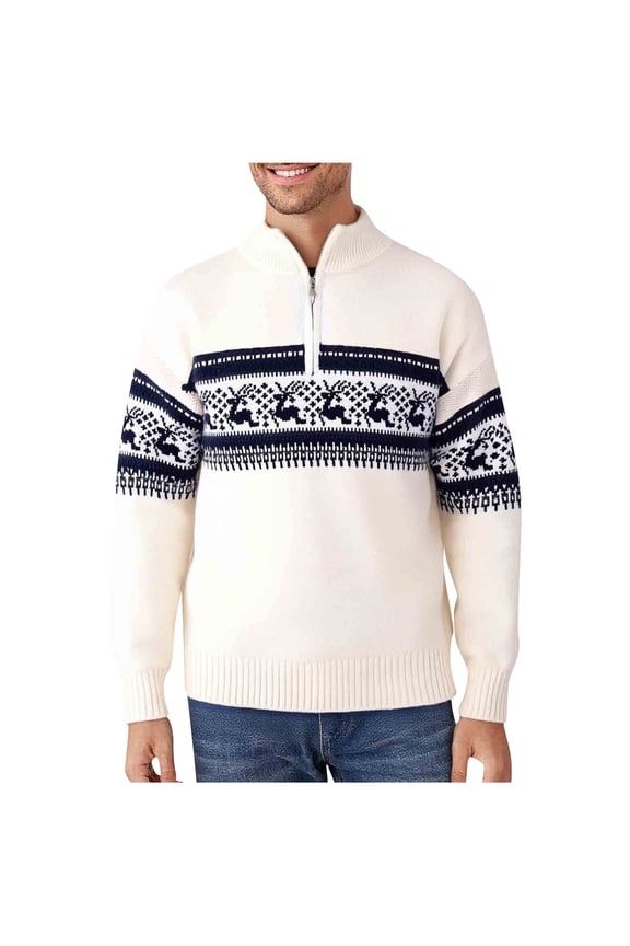 Christmas Sweaters for Men Big and Tall Regular Fit Casual Quarter Zip up Stand Collar Pullover Tops Loose Lightweight Holiday Comfy Knit Sweater White XL