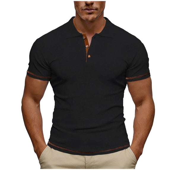 ZCFZJW Collared Muscle T-Shirts Men Slim Fit Textured Knit Athletic Workout Tees Shirts Short Sleeve 1/4 Button Down Shirts Casual Stylish Tshirt Tops Black XL