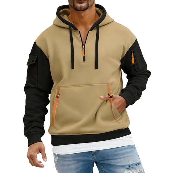 ZCFZJW Color Block Tactical Hoodies For Men Lightweight Regular Fit Casual Quater Zip Up Pullover Sweatshirt Trendy Workout Mens Hoodies with Multi-Pockets Khaki M