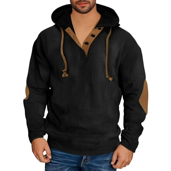 ZCFZJW Corduroy Hoodie Sweaters for Men Vintage Long Sleeve Casual 1/4 Button V Neck Drawstring Hooded Pullover Sweatshirts Loose Regular Fit Comfy Hooded Outwear Tops with Elbow Patches Black XXXL