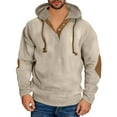 thumbnail image 1 of ZCFZJW Corduroy Hoodie Sweaters for Men Vintage Long Sleeve Casual 1/4 Button V Neck Drawstring Hooded Pullover Sweatshirts Loose Regular Fit Comfy Hooded Outwear Tops with Elbow Patches Khaki XXL, 1 of 7