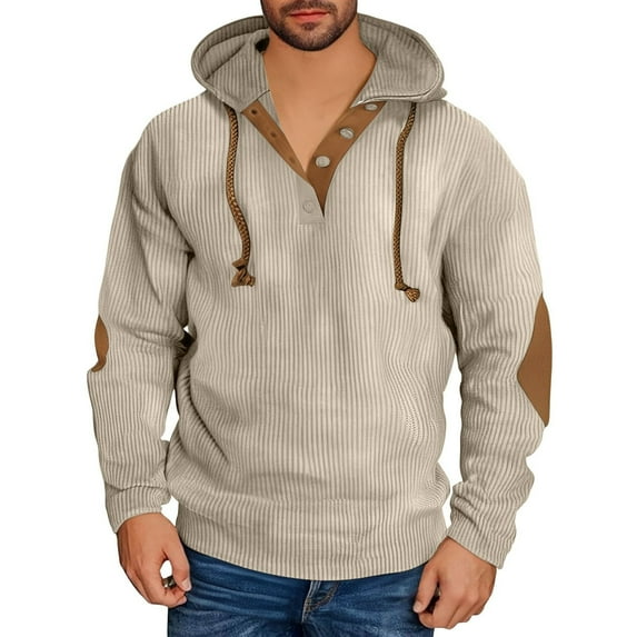 ZCFZJW Corduroy Hoodie Sweaters for Men Vintage Long Sleeve Casual 1/4 Button V Neck Drawstring Hooded Pullover Sweatshirts Loose Regular Fit Comfy Hooded Outwear Tops with Elbow Patches Khaki XXL