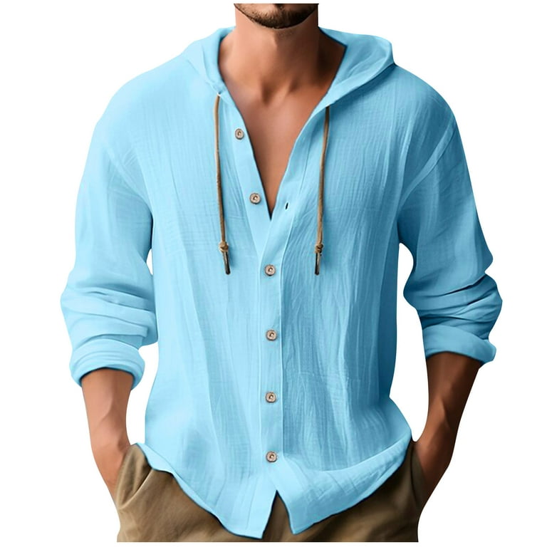 ZCFZJW Cotton Linen Hoodies for Men Drawstring Hooded Button Down
