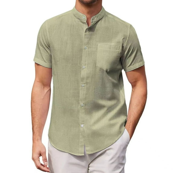 ZCFZJW Cotton Linen Shirts for Men Casual Summer Short Sleeve Button Down Pocket Shirts Trendy Regular Fit Beach Vacation Hawaiian Shirts Green XL
