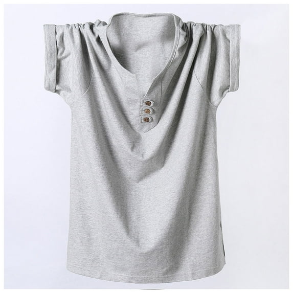 ZCFZJW Cotton T-Shirts for Men Big and Tall Regular Fit Casual Solid Color Summer Short Sleeve Button V Neck Basic Workout Tees Shirt Tops Gray XXXL