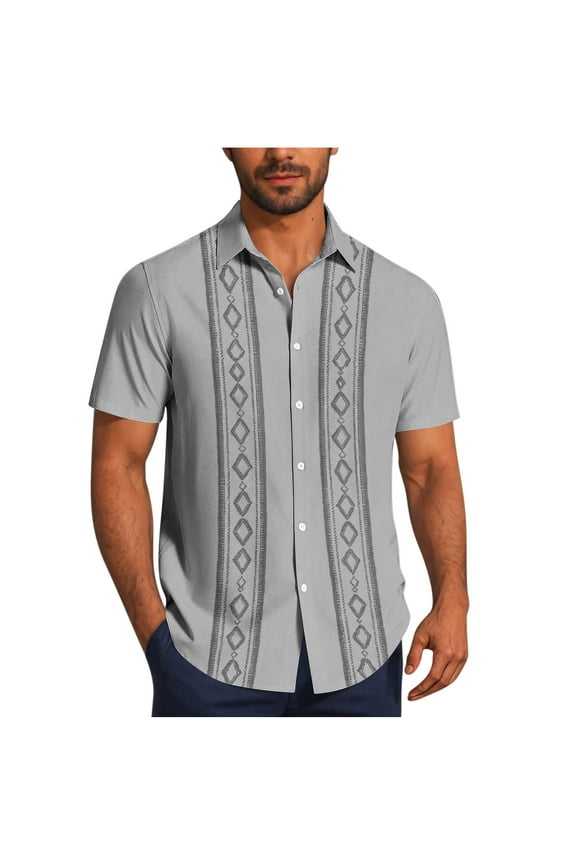 Cuban Guayabera Shirts for Men Vintage Striped Printed Short Sleeve Casual Button Down Hawaiian Shirts Summer Vacation Tshirts Gray M