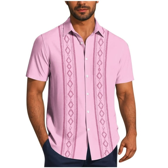 ZCFZJW Cuban Guayabera Shirts for Men Vintage Striped Printed Short Sleeve Casual Button Down Hawaiian Shirts Summer Vacation Tshirts Pink L