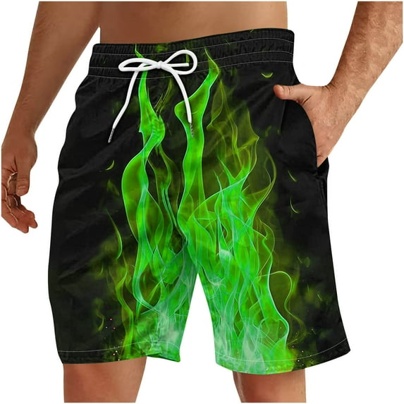 ZCFZJW Cute 3D Flame Pattern Print Summer Beach Board Shorts for Men Big and Tall Regular Fit Lightweight Casual Elasitc Waist Quick Dry Hawaiian Swim Trunks with Pockets Green XL