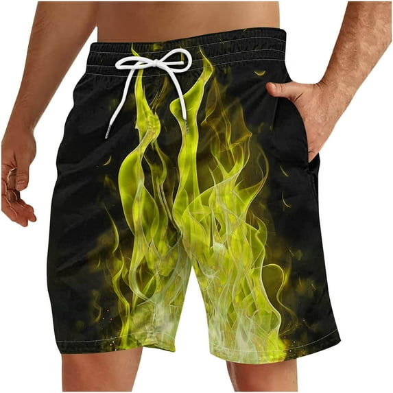 ZCFZJW Cute 3D Flame Pattern Print Summer Beach Board Shorts for Men Big and Tall Regular Fit Lightweight Casual Elasitc Waist Quick Dry Hawaiian Swim Trunks with Pockets Yellow XXXL