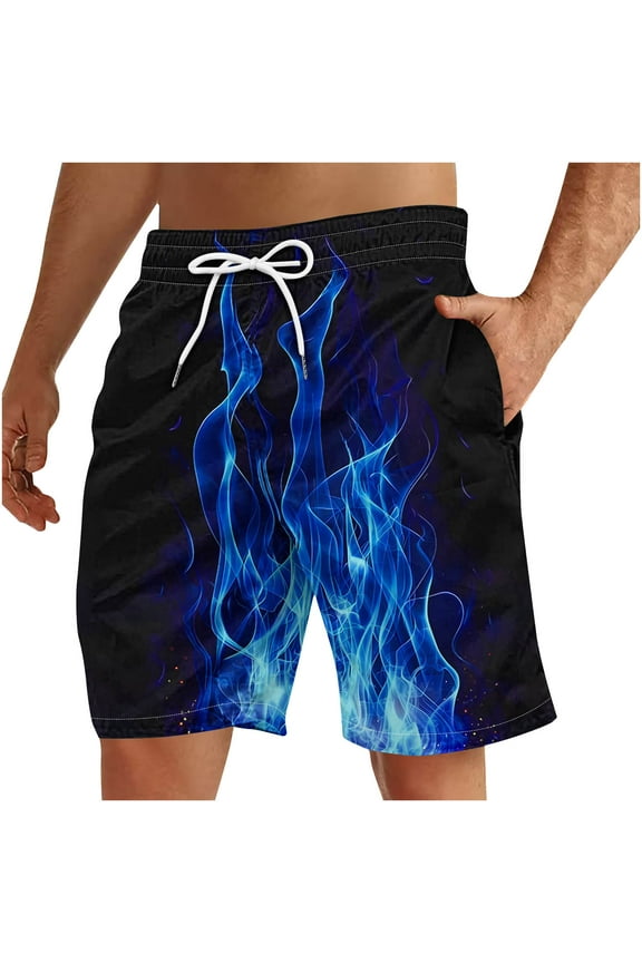 Cute 3D Flame Pattern Print Summer Beach Board Shorts for Men Big and Tall Regular Fit Lightweight Casual Elasitc Waist Quick Dry Hawaiian Swim Trunks with Pockets Blue M