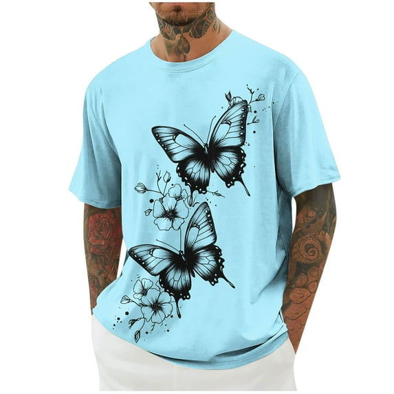 ZCFZJW Cute Butterfly Tops for Men Big and Tall Casual Summer Short Sleeve Oversized Crewneck Graphic T-Shirts Lightweight Pullovers Light Blue XL