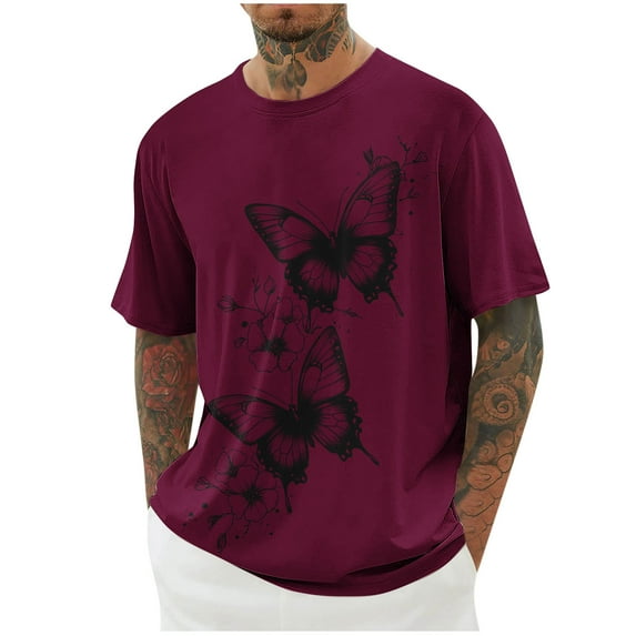 ZCFZJW Cute Butterfly Tops for Men Big and Tall Casual Summer Short Sleeve Oversized Crewneck Graphic T-Shirts Lightweight Pullovers Wine L