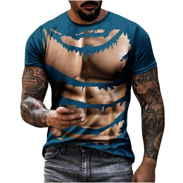 ZCFZJW Daily Tops for Men Big and Tall Regular Fit Casual Summer Short Sleeve 3D Fake Muscle Pattern Graphic T-Shirts Trendy Crewneck Holiday Comfy Pullovers Dark Blue XL