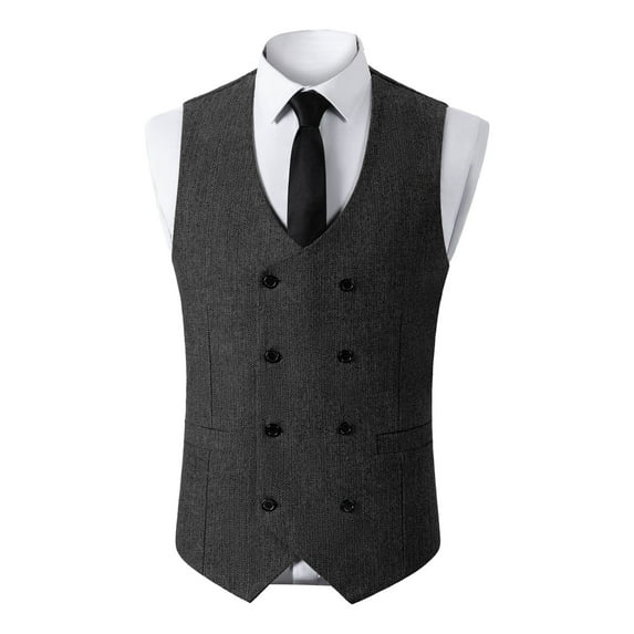 ZCFZJW Double Breasted Western Suit Vest for Men Herringbone Tweed Vest Retro Business Waistcoat Cowboy Style Fall Outwear Black S